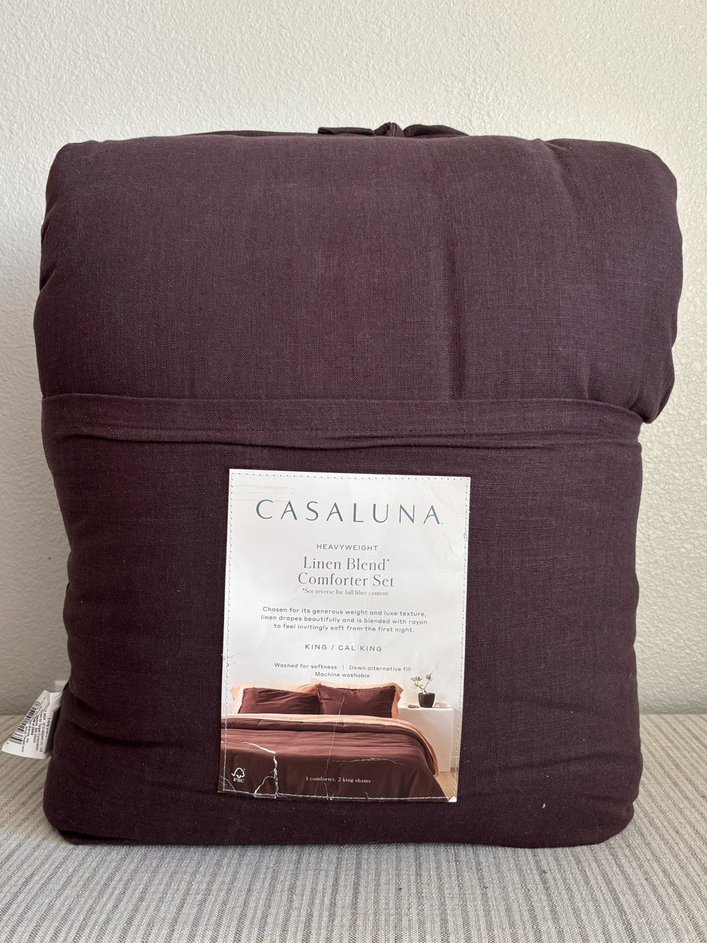 NWT King/California King Heavyweight Linen Blend Comforter and Sham Set Dark Fig